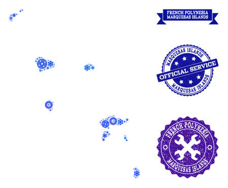 Map of Marquesas Islands formed with blue gear symbols, and isolated rubber seals for official repair services.のイラスト素材