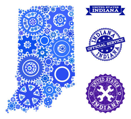 Map of Indiana State formed with blue wheel symbols, and isolated scratched stamps for official repair services.のイラスト素材