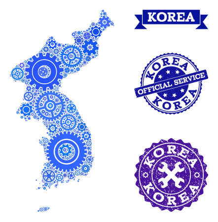 Map of Korea designed with blue cog symbols, and isolated scratched watermarks for official repair services. Vector abstract collage of map of Korea with work symbols in blue color tones.のイラスト素材