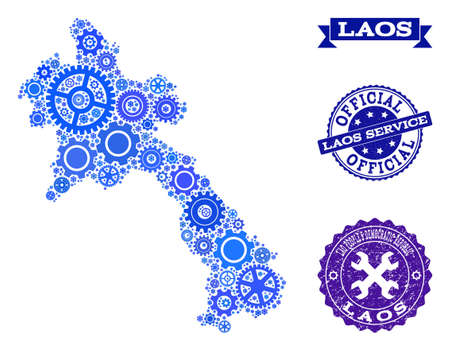 Map of Laos composed with blue engine symbols, and isolated grunge seals for official repair services. Vector abstract mosaic of map of Laos with industry symbols in blue color hues.のイラスト素材