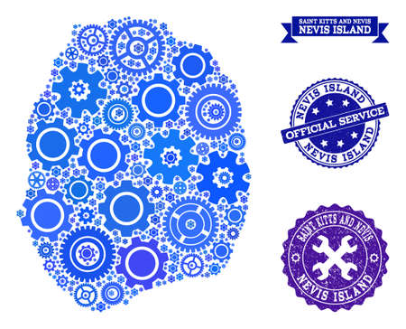 Map of Nevis Island designed with blue wheel symbols, and isolated rubber watermarks for official repair services. Vector abstract collage of map of Nevis Island with repair symbols in blue hues.のイラスト素材