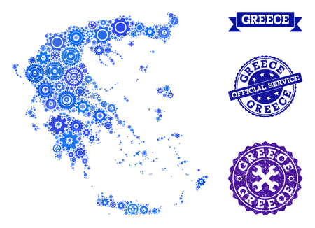 Map of Greece composed with blue engine symbols, and isolated scratched seals for official repair services. Vector abstract mosaic of map of Greece with mechanics symbols in blue color tints.のイラスト素材