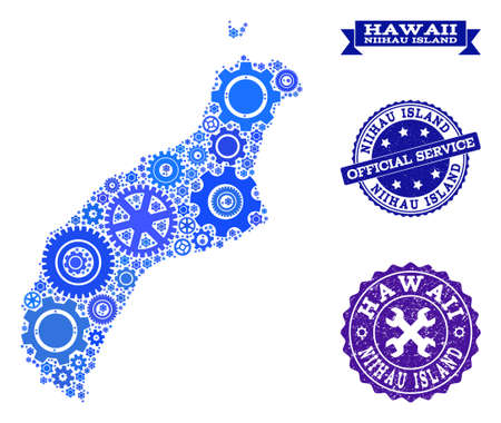 Map of Niihau Island designed with blue gear symbols, and isolated grunge watermarks for official repair services. Vector abstract collage of map of Niihau Island with mechanics symbols in blue hues.のイラスト素材