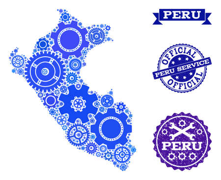 Map of Peru formed with blue wheel symbols, and isolated scratched seals for official repair services. Vector abstract collage of map of Peru with work symbols in blue hues.のイラスト素材