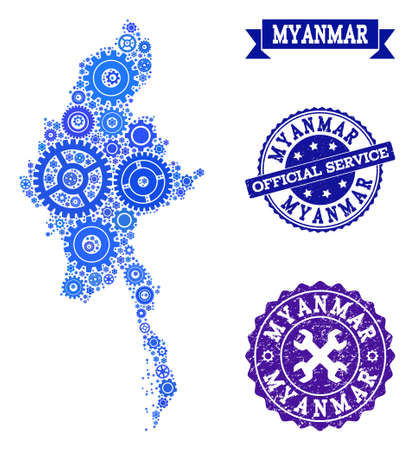 Map of Myanmar designed with blue gear symbols, and isolated scratched watermarks for official repair services. Vector abstract mosaic of map of Myanmar with machinery symbols in blue shades.のイラスト素材