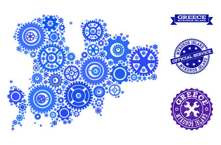 Map of Mykonos Island created with blue gear symbols, and isolated rubber seals for official repair services. Vector abstract collage of map of Mykonos Island with work symbols in blue color tints.のイラスト素材