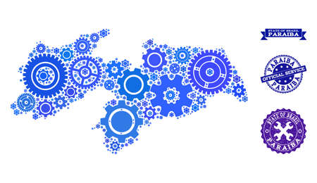 Map of Paraiba State created with blue engine symbols, and isolated grunge stamps for official repair services. Vector abstract mosaic of map of Paraiba State with repair symbols in blue color tinges.のイラスト素材