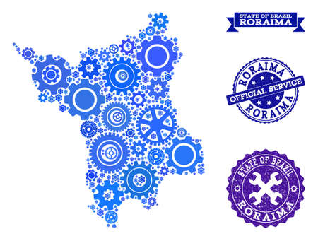 Map of Roraima State created with blue wheel components, and isolated scratched stamps for official repair services.のイラスト素材