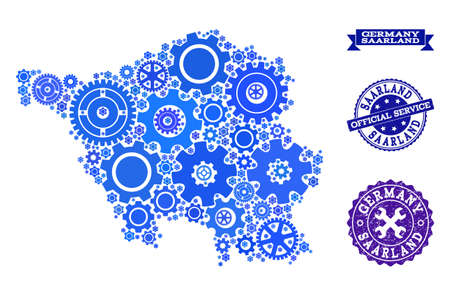 Map of Saarland State designed with blue wheel symbols, and isolated scratched watermarks for official repair services.のイラスト素材