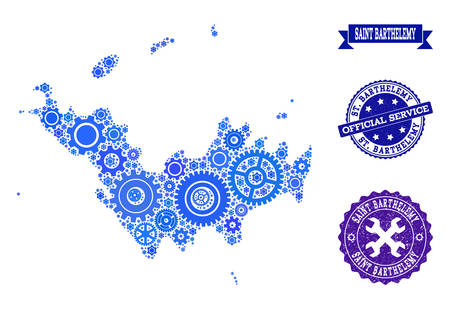 Map of Saint Barthelemy composed with blue wheel symbols, and isolated grunge seals for official repair services.のイラスト素材