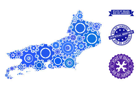 Map of Rio de Janeiro State created with blue engine symbols, and isolated rubber stamps for official repair services.のイラスト素材