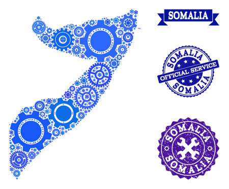 Map of Somalia formed with blue cog items, and isolated scratched stamps for official repair services. Vector abstract mosaic of map of Somalia with industry symbols in blue hues.のイラスト素材