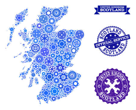 Map of Scotland composed with blue engine symbols, and isolated scratched stamps for official repair services. Vector abstract collage of map of Scotland with repair symbols in blue color tinges.のイラスト素材