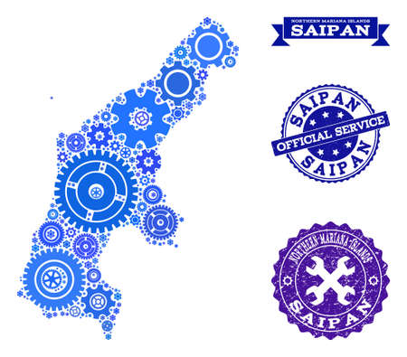 Map of Saipan Island created with blue gear symbols, and isolated scratched stamps for official repair services. Vector abstract mosaic of map of Saipan Island with work symbols in blue shades.のイラスト素材