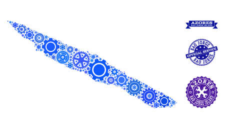 Map of Sao Jorge Island composed with blue engine symbols, and isolated scratched seals for official repair services.のイラスト素材