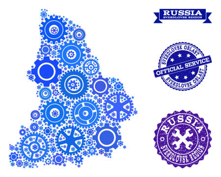 Map of Sverdlovsk Region created with blue engine symbols, and isolated scratched seals for official repair services.のイラスト素材