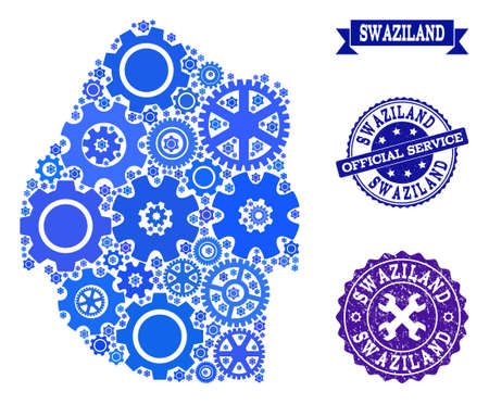 Map of Swaziland created with blue cog symbols, and isolated rubber seals for official repair services. Vector abstract mosaic of map of Swaziland with work symbols in blue color hues.のイラスト素材