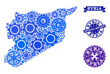Map of Syria designed with blue wheel components, and isolated scratched stamps for official repair services. Vector abstract collage of map of Syria with repair symbols in blue hues.のイラスト素材