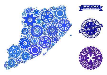 Map of Staten Island composed with blue engine symbols, and isolated rubber seals for official repair services. Vector abstract mosaic of map of Staten Island with work symbols in blue color tinges.のイラスト素材
