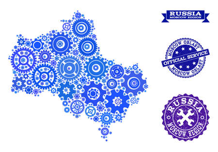Map of Moscow Region formed with blue cog symbols, and isolated scratched stamps for official repair services. Vector abstract mosaic of map of Moscow Region with job symbols in blue color tints.のイラスト素材