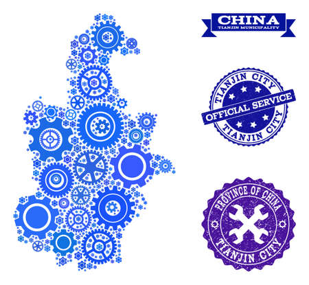 Map of Tianjin Municipality composed with blue engine items, and isolated scratched watermarks for official repair services.のイラスト素材