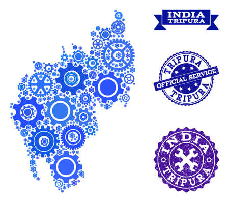Map of Tripura State composed with blue wheel symbols, and isolated grunge stamps for official repair services. Vector abstract mosaic of map of Tripura State with repair symbols in blue color tones.のイラスト素材