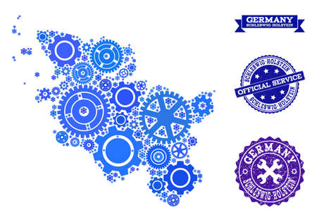 Map of Schleswig-Holstein State created with blue wheel symbols, and isolated scratched watermarks for official repair services.のイラスト素材