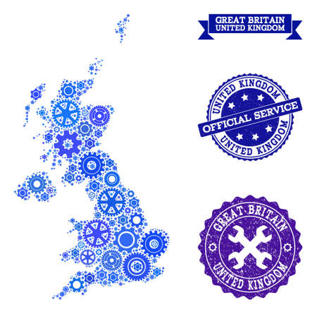 Map of United Kingdom formed with blue gear symbols, and isolated rubber watermarks for official repair services. Vector abstract mosaic of map of United Kingdom with repair symbols in blue shades.のイラスト素材