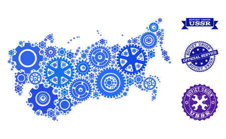 Map of USSR formed with blue wheel components, and isolated rubber seals for official repair services. Vector abstract mosaic of map of USSR with technical symbols in blue color tones.のイラスト素材