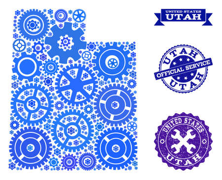 Map of Utah State composed with blue wheel symbols, and isolated scratched watermarks for official repair services. Vector abstract mosaic of map of Utah State with work symbols in blue hues.のイラスト素材