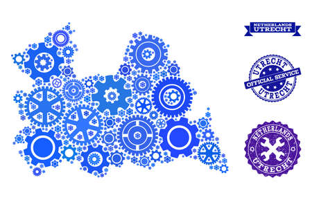 Map of Utrecht Province composed with blue wheel symbols, and isolated scratched watermarks for official repair services.のイラスト素材