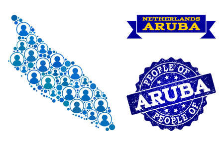 People composition of blue population map of Aruba Island and rubber seal stamp. Vector seal with unclean rubber texture. Mosaic map of Aruba Island constructed with rounded users.のイラスト素材