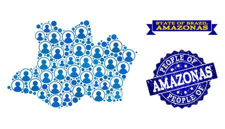 People composition of blue population map of Amazonas State and textured seal stamp. Vector seal with scratched rubber texture. Mosaic map of Amazonas State constructed with rounded users.のイラスト素材