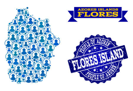 People composition of blue population map of Azores - Flores Island and rubber seal stamp. Vector seal with corroded rubber texture. Mosaic map of Azores - Flores Island designed with rounded users.のイラスト素材