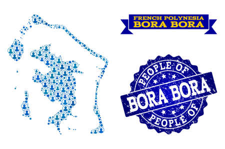 People composition of blue population map of Bora-Bora and unclean seal stamp. Vector seal with unclean rubber texture. Mosaic map of Bora-Bora constructed with rounded users.のイラスト素材