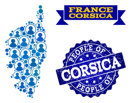 People collage of blue population map of Corsica and grunge stamp. Vector seal with grunge rubber texture. Mosaic map of Corsica constructed with rounded users.のイラスト素材