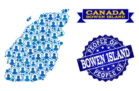 People composition of blue population map of Bowen Island and rubber seal stamp. Vector seal with grunge rubber texture. Mosaic map of Bowen Island constructed with rounded users.のイラスト素材
