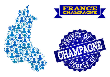 People combination of blue population map of Champagne Province and scratched seal stamp. Vector seal with scratched rubber texture. Mosaic map of Champagne Province constructed with rounded users.のイラスト素材
