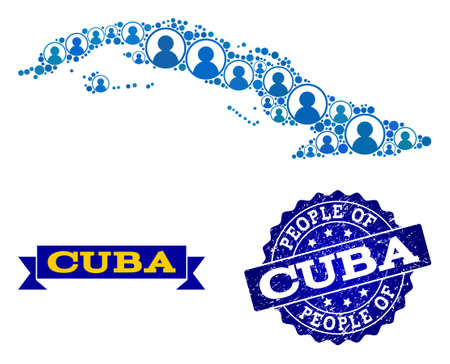People composition of blue population map of Cuba and rubber seal. Vector seal with grunge rubber texture. Mosaic map of Cuba designed with rounded users. Flat design for political templates.のイラスト素材