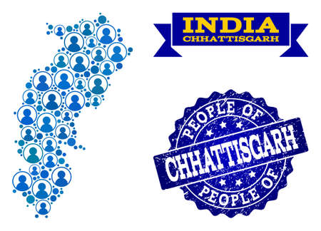 People collage of blue population map of Chhattisgarh State and corroded seal stamp. Vector seal with unclean rubber texture. Mosaic map of Chhattisgarh State designed with rounded users.のイラスト素材