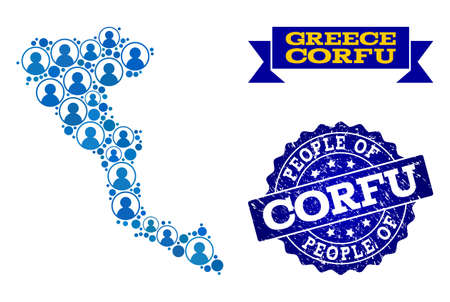 People combination of blue population map of Corfu Island and scratched seal. Vector seal with scratched rubber texture. Mosaic map of Corfu Island constructed with rounded users.のイラスト素材