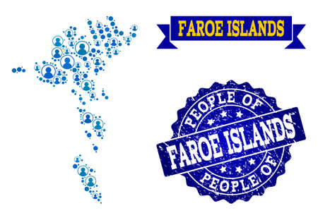 People combination of blue population map of Faroe Islands and rubber seal. Vector imprint with corroded rubber texture. Mosaic map of Faroe Islands designed with rounded users.のイラスト素材