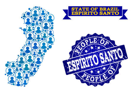 People collage of blue population map of Espirito Santo State and unclean seal. Vector seal with scratched rubber texture. Mosaic map of Espirito Santo State constructed with rounded users.のイラスト素材