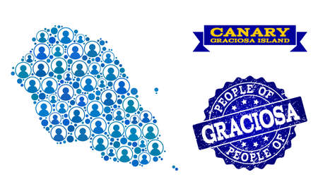 People combination of blue population map of Graciosa Island and textured seal. Vector seal with distress rubber texture. Mosaic map of Graciosa Island constructed with rounded users.のイラスト素材