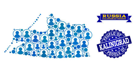 People collage of blue population map of Kalinigrad Region and unclean seal stamp. Vector imprint with unclean rubber texture. Mosaic map of Kalinigrad Region designed with rounded users.のイラスト素材
