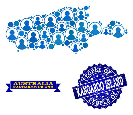 People combination of blue population map of Kangaroo Island and unclean seal stamp. Vector imprint with unclean rubber texture. Mosaic map of Kangaroo Island designed with rounded users.のイラスト素材