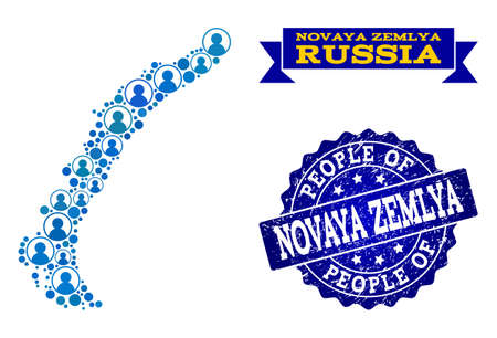 People composition of blue population map of Novaya Zemlya Islands and scratched seal. Vector seal with scratched rubber texture. Mosaic map of Novaya Zemlya Islands designed with rounded users.のイラスト素材