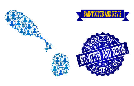 People composition of blue population map of Saint Kitts and Nevis and unclean seal. Vector seal with scratched rubber texture. Mosaic map of Saint Kitts and Nevis constructed with rounded users.のイラスト素材