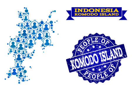 People combination of blue population map of Komodo Island and rubber seal. Vector seal with scratched rubber texture. Mosaic map of Komodo Island constructed with rounded users.のイラスト素材