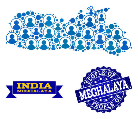 People combination of blue population map of Meghalaya State and dirty seal. Vector seal with grunge rubber texture. Mosaic map of Meghalaya State designed with rounded users.のイラスト素材